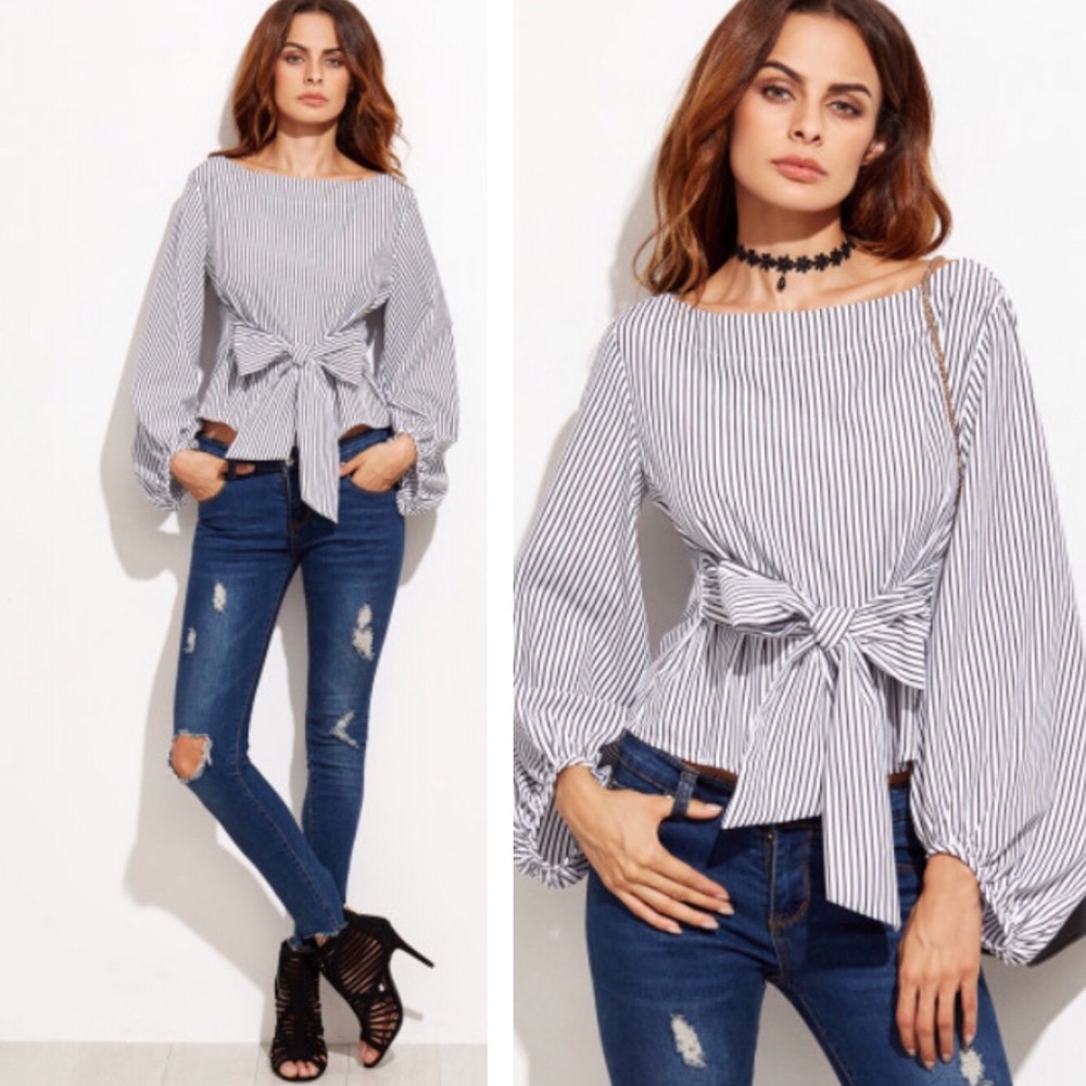 Sexy Lantern Sleeve Pinstripe Blouse